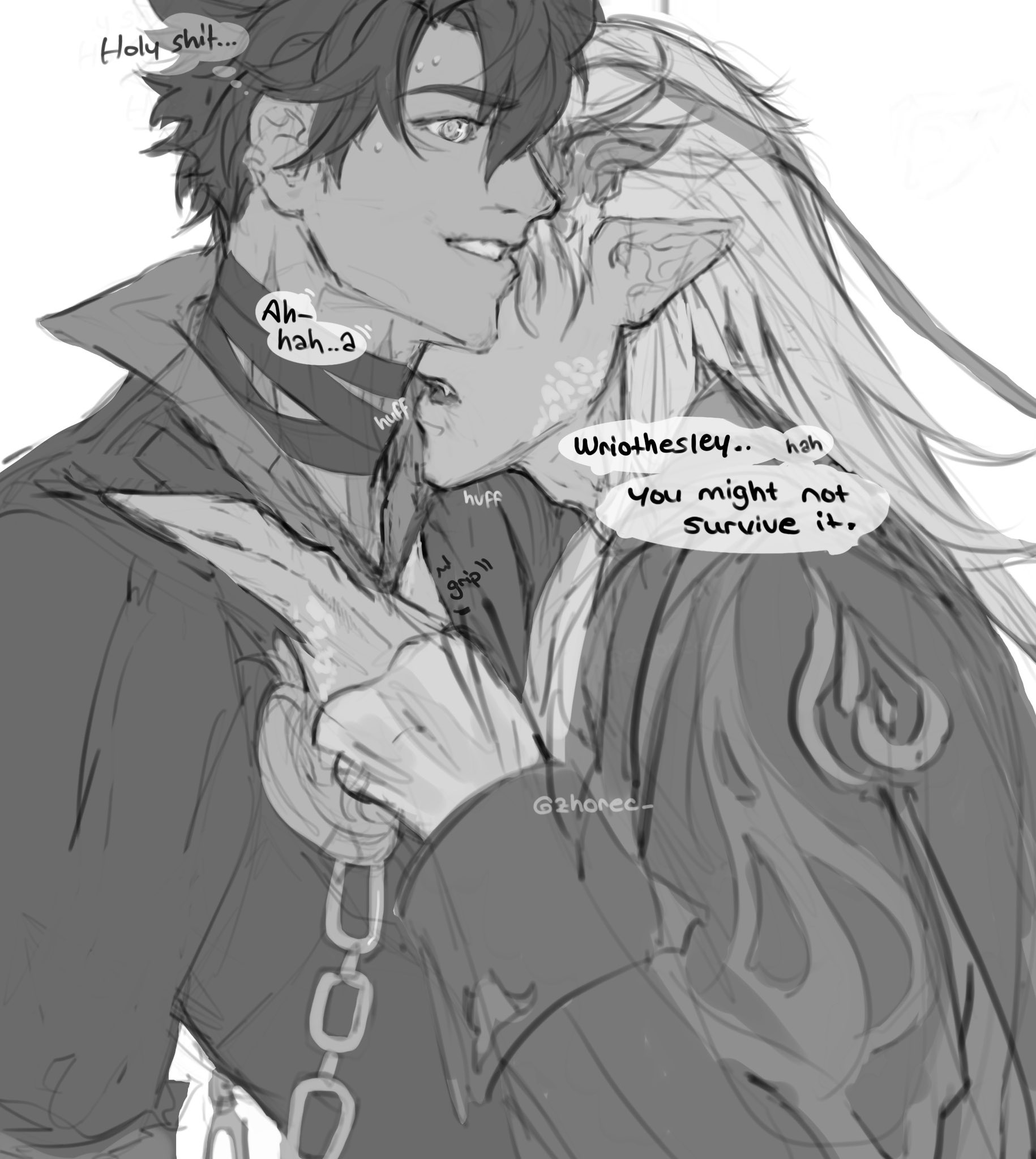 a grayscale digital fanart depicting a passionate embrace between two male characters, possibly inspired by the genshin impact game. one character, possibly wriothesley, is smirking intensely while holding the other, potentially albedo, close. the scene is intimate, with suggestive elements such as a collar and chains, hinting at a romantic or possibly bdsmthemed relationship. the drawing style is reminiscent of manga or anime, with expressive linework and shading that conveys emotion and mood. the overall atmosphere is dark yet passionate, focusing on the characters' connection and intense feelings.