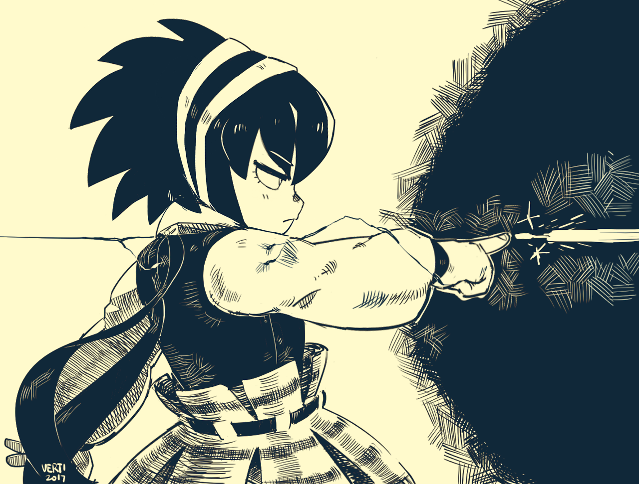 the image is a black and white drawing of an anime character, a girl with short black hair, in a dynamic pose with a determined expression, pointing at a dark shadow on the right side of the image. she has a  bladelike object in her right hand which is sparking, indicating she's in a combat situation. the character has dark, expressive eyes and is wearing  clothing that is stylized with many detailed lines, further emphasizing the dynamic pose. the image has a strong contrast between black and white, creating a sense of drama and intensity, and highlighting the character’s movements. the background is filled with detailed lines resembling an energy burst, implying a fastpaced scene. the art style leans toward the manga aesthetic, with bold lines, exaggerated features, and dynamic poses.  the image evokes a sense of action and power, with the character's stance conveying a strong and confident personality.