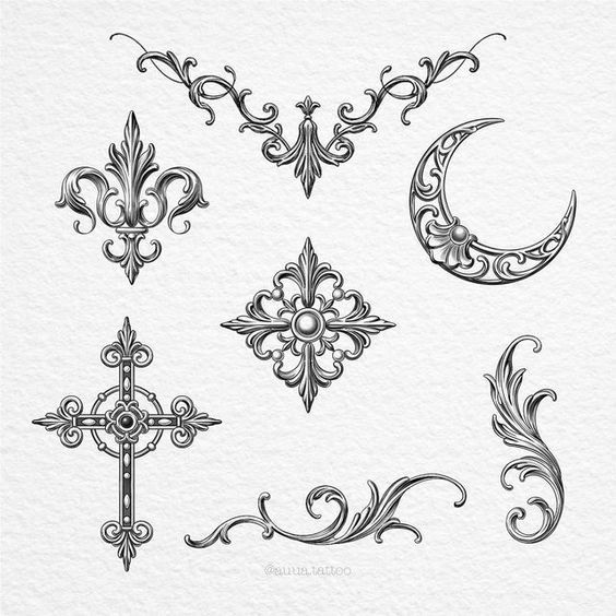 this image showcases a collection of eight distinct tattoo flash designs. each design is intricately detailed, featuring ornate, symmetrical patterns reminiscent of baroque or rococo styles. the designs include a fleurdelis, a cross, a crescent moon, various scrolling floral elements, and a decorative cross shape.  the style is elegant and classic, executed in black ink on a white background, ideal for tattoo inspiration.  the designs appear to be readymade tattoo stencils or flash sheets.