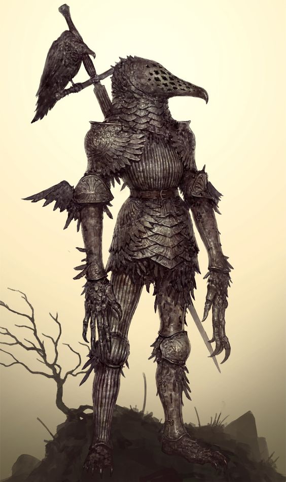 a lone knight stands amidst a desolate landscape. the knight's armor is intricately designed, resembling a bird's skeletal structure, with a distinctive bird skull helmet. a raven perches on the knight's shoulder, its dark feathers echoing the armor's grim aesthetic. the knight's posture and the desolate surroundings convey a sense of solitude and stoicism, hinting at a world steeped in darkness and hardship.