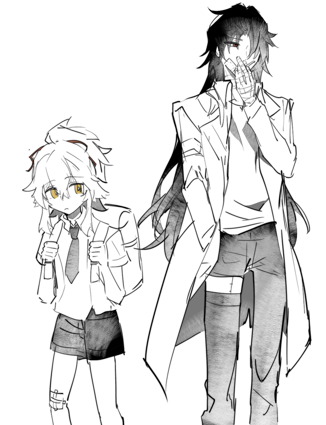 a line art drawing of an anime character in school uniform, standing with a friend, both are looking forward. the friend is wearing a coat, and has long black hair. the other character is wearing a school uniform, has short white hair, and is holding a backpack.