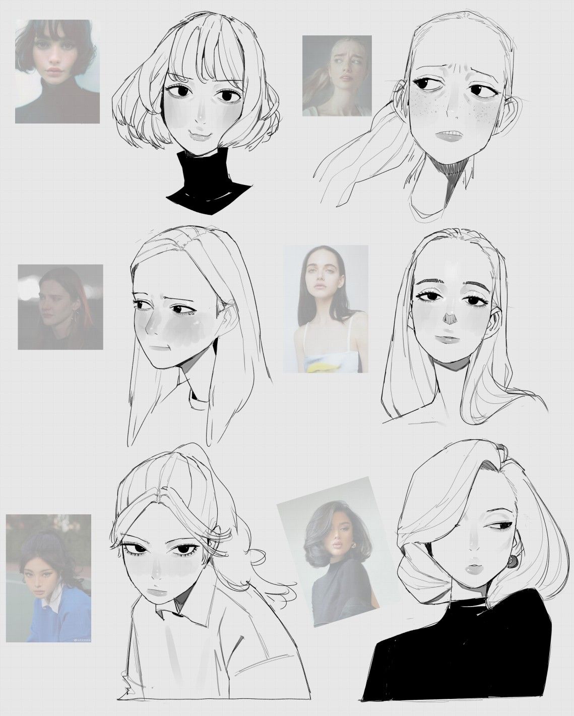 the image shows nine different sketches of women's faces with various hairstyles and facial expressions. each sketch seems to be inspired by a picture of a woman as shown in the faded images.
