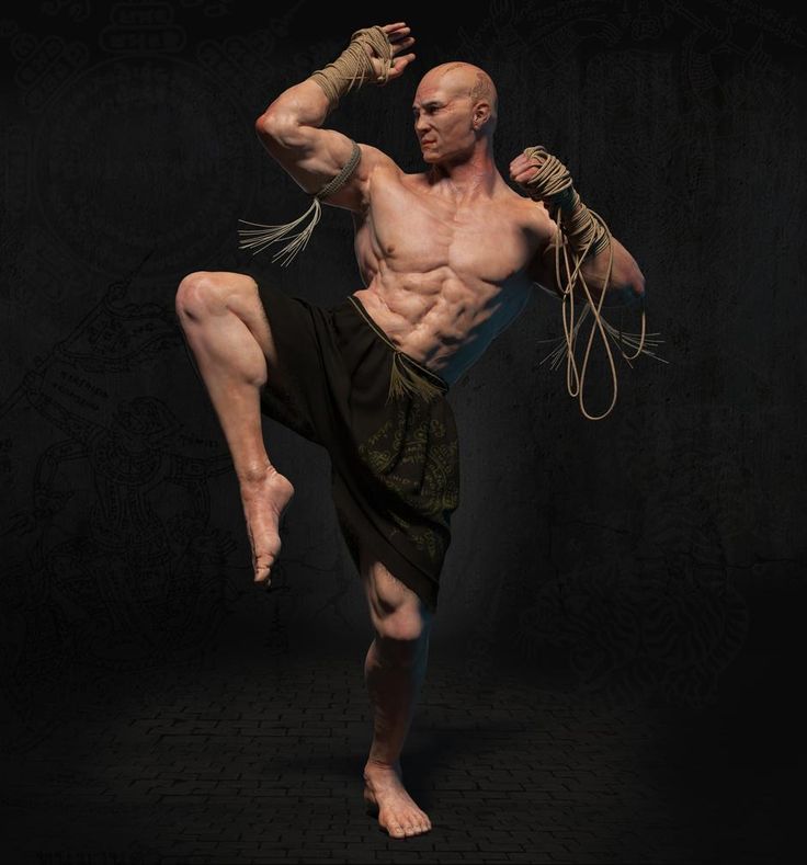 a muscular male kickboxer wearing traditional muay thai wrappings and shorts is striking a powerful pose in a dark studio setting. he has a determined look on his face and his body is tense with energy. the lighting highlights his sculpted muscles and emphasizes the dynamism of the pose. this image evokes a sense of power, athleticism, and the spirit of martial arts.