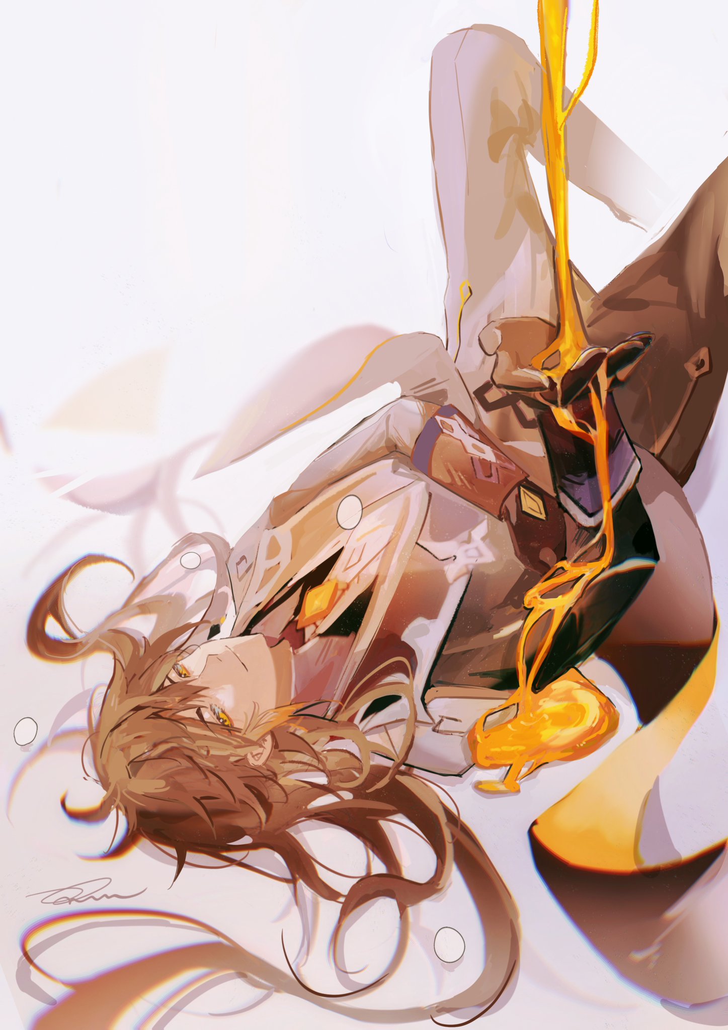 the image is an illustration of an anime male character with long brown hair and golden eyes. he is lying down on his back with his legs in the air and a white suit. there is a yellow liquid dripping from above onto him and the background is blurry and abstract. the image is styled with a white background and the character is looking at the viewer.