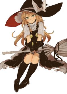 a digital illustration of kirisame marisa from the touhou project. she is a young blonde girl wearing a witch's hat and dress, and is flying on a broom. the background is white. the image has a soft lighting and is taken from a low angle.