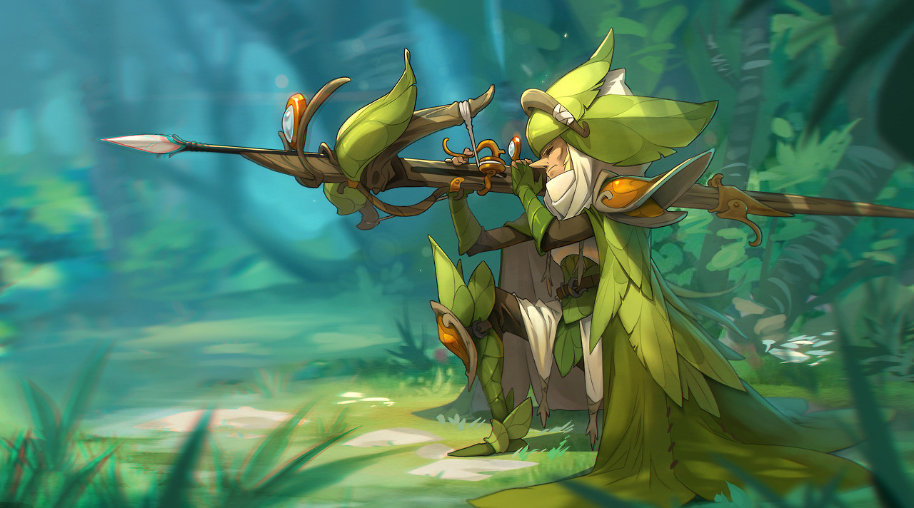 a female elf warrior stands in a forest, holding a bow and arrow. she is wearing green armor and a cloak, and her hair is long and flowing. there are leaves and grass around her. the scene is set in a fantasy world.