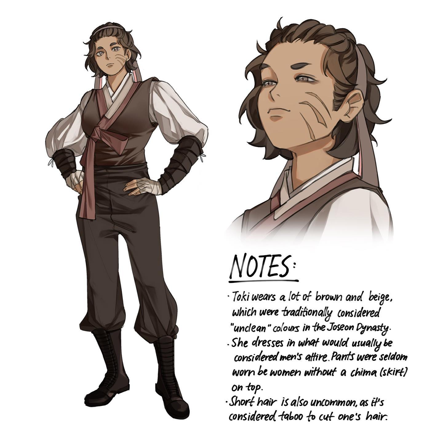the image shows a character design sheet for a female character named toki, styled in the attire and cultural context of the joseon dynasty in korea.  the main illustration depicts toki in a fullbody pose, wearing what is described as men's attire;  brown and beige pants and a modified traditional top.  a closeup headshot of her face is also included.  accompanying notes explain the choices made in her design and highlight the unconventional elements of her clothing and hairstyle in the context of the historical period, emphasizing that brown and beige were considered unclean colors, and short hair was taboo. the overall style is digital illustration, characterized by smooth lines and muted color palettes.