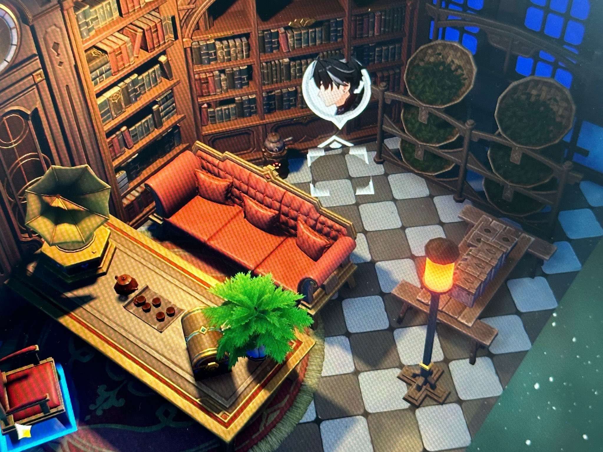 a highangle, isometric view of a meticulously detailed video game room. the scene depicts a luxurious library with ornate bookshelves filled with books, a plush red couch, a wooden table with a tea set and plant, and a gramophone.  a lamp with an orange glow stands on a small wooden bench.  in the corner, baskets of what appear to be tea leaves are stacked. a character portrait is subtly displayed within the library's alcove. the floor is a distinctive black and white checkerboard pattern. the overall style suggests a high level of detail and immersion, typical of a roleplaying game or adventure game.