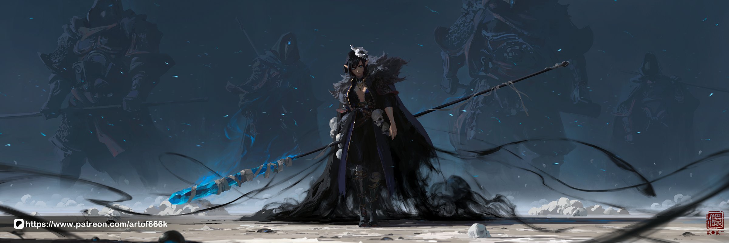 the digital painting showcases a powerful, darkelflike female warrior in a long, dark robe adorned with skulls.  she holds a long staff that emits a glowing blue light. the background features several spectral, skeletal warrior figures fading into a smoky, atmospheric mist. the scene is dark and moody, evoking a sense of mystery and power. the overall style is dark fantasy, with the female figure as a central, commanding presence against an ominous backdrop. the image includes the artist's patreon information.