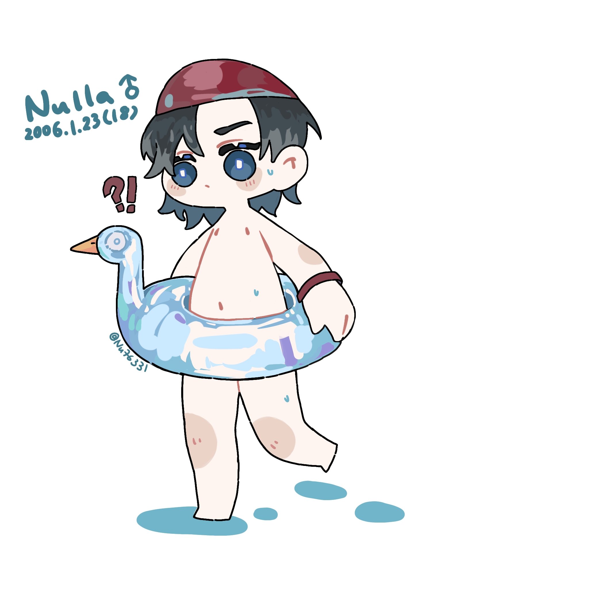 this is a digital illustration of a cute anime chibi boy.  he is wearing a red cap, and is holding a blue duck shaped float, and is walking on a white background, with blue and white details around his feet.