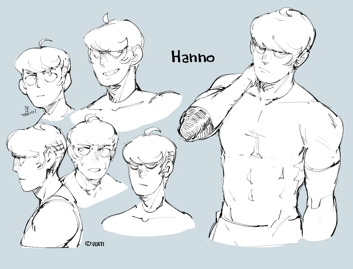 this is a digital illustration of a young animestyle character, hanho. it's a sketchlike drawing with a focus on the character's face, featuring four different expressions. the character's body is also depicted with a casual, relaxed pose. the overall style is charming and cool, with a youthful energy and a slight air of confidence.