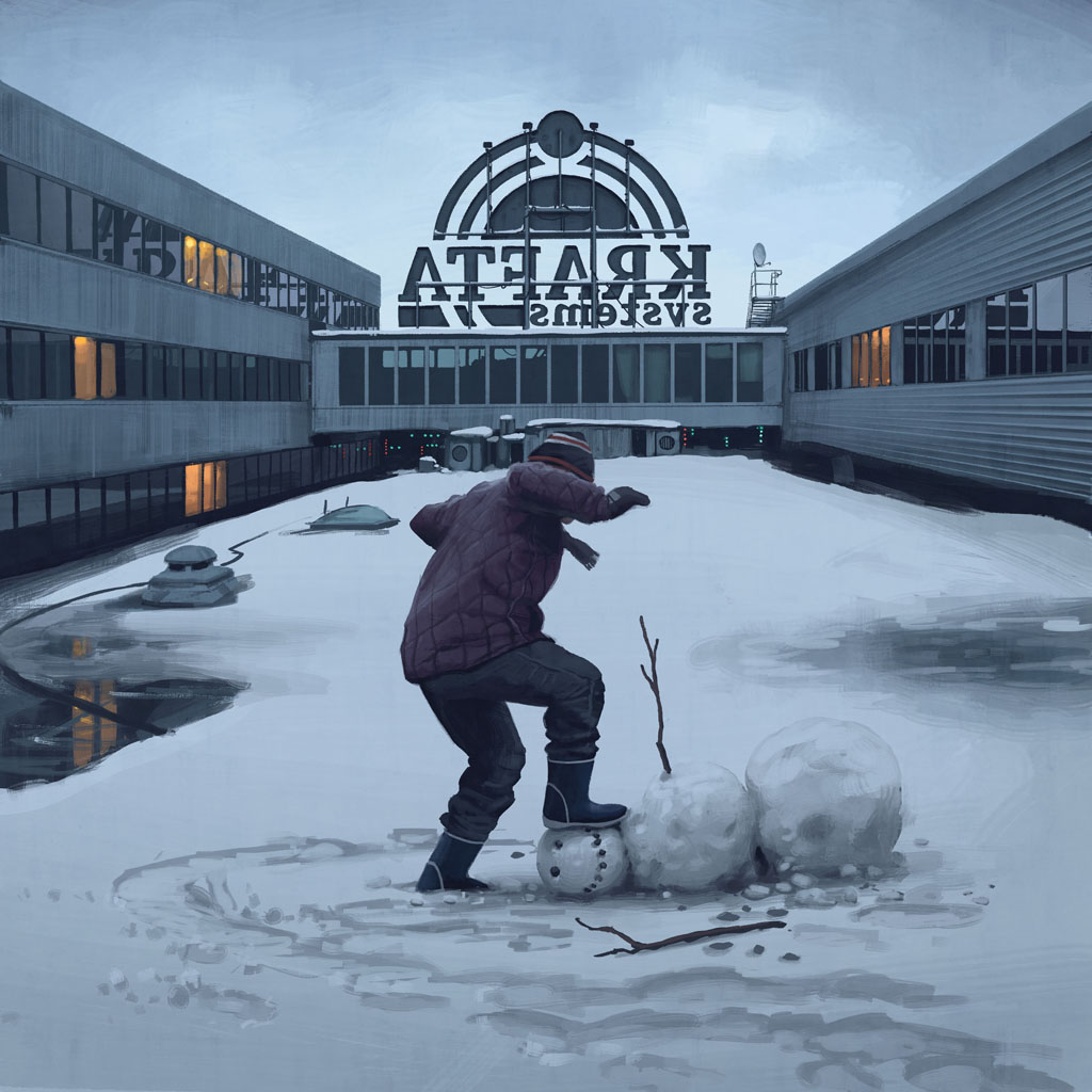 a man in a red and purple jacket, blue jeans, and black boots stands on a rooftop overlooking a snowy city,  his back is to the viewer, and he is looking at a snowman he is building. the buildings are all gray and white, with windows that reflect the cloudy sky. the rooftop is covered in snow and ice, and there is a large puddle of melted snow in the foreground. there is a sign on the building that reads "kраята" in cyrillic letters.