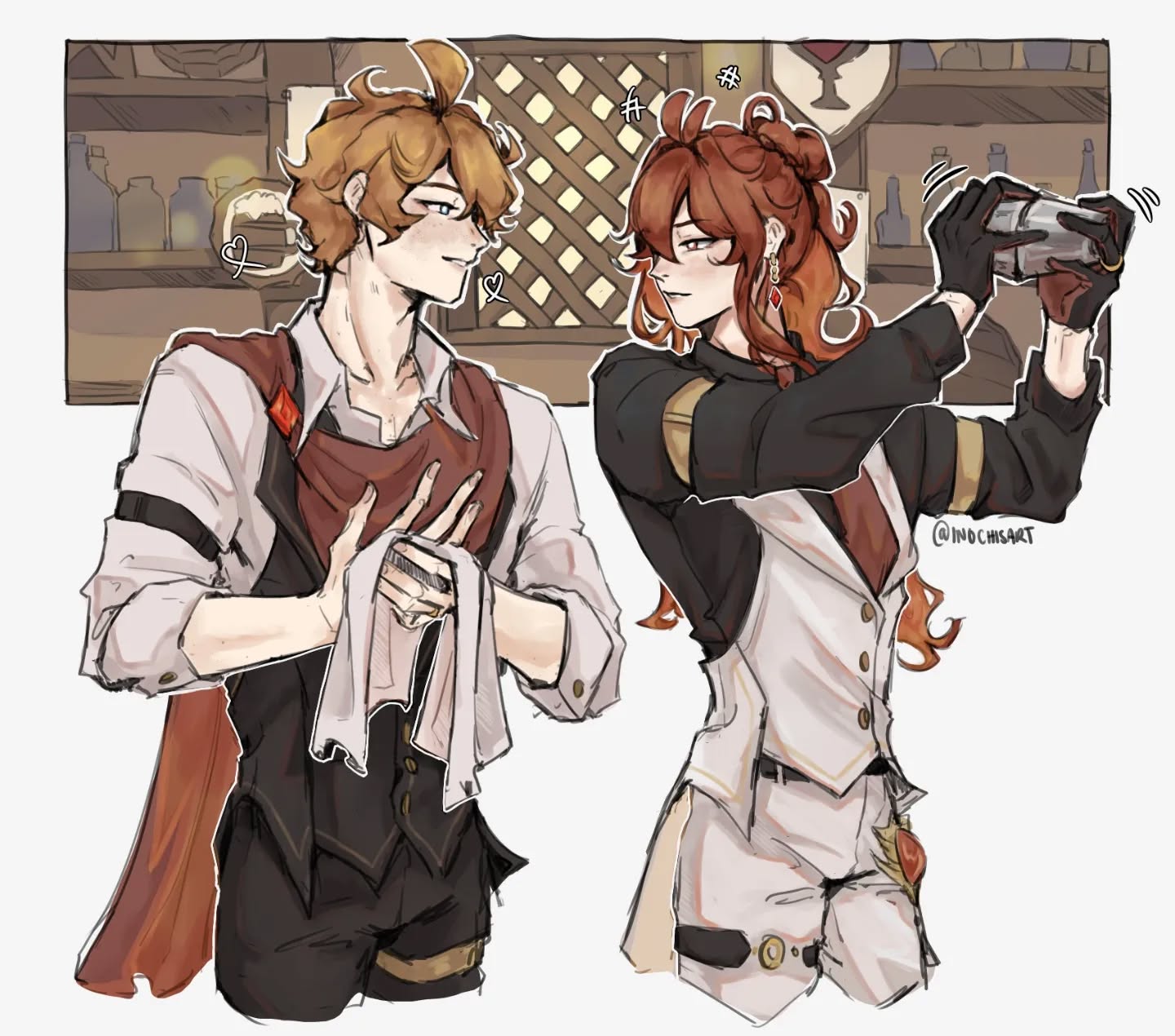 the image is a digital drawing/fanart featuring two animestyle male characters. one character, with blonde hair, is standing calmly, possibly a waiter or bartender, holding a folded cloth. the other character, with fiery orangered hair, is energetically shaking a cocktail shaker, possibly a bartender preparing a drink.  both characters are dressed in stylish and slightly formal but relaxed attire, consisting of waistcoats, shirts, and dark pants.  the setting appears to be a tavern or bar, indicated by the background showing shelves with bottles and a wooden lattice. the overall style is soft and slightly whimsical, with a focus on character design and interaction.  the art conveys a sense of friendly interaction between the two characters.