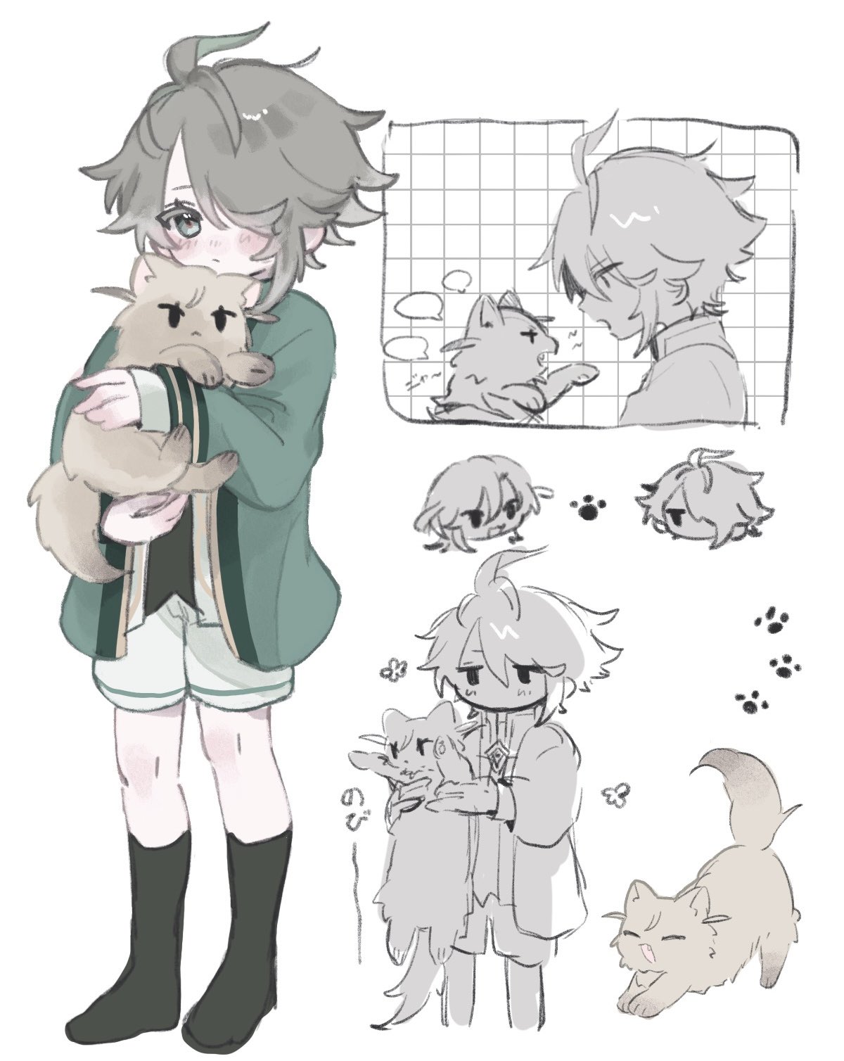 he image is a collection of cute animestyle drawings featuring a young boy with gray hair and various cats.  the main focus is on the boy gently holding a fluffy cat, while smaller sketches around him depict him with other cats, in different poses and sizes, some as chibistyle characters. the overall style is soft, pastelcolored, and evokes a feeling of innocence and affection. the background includes a simple grid in one area, adding to the casual and sketchbooklike quality of the piece.  the style is consistent throughout, with soft lines and muted color palettes.