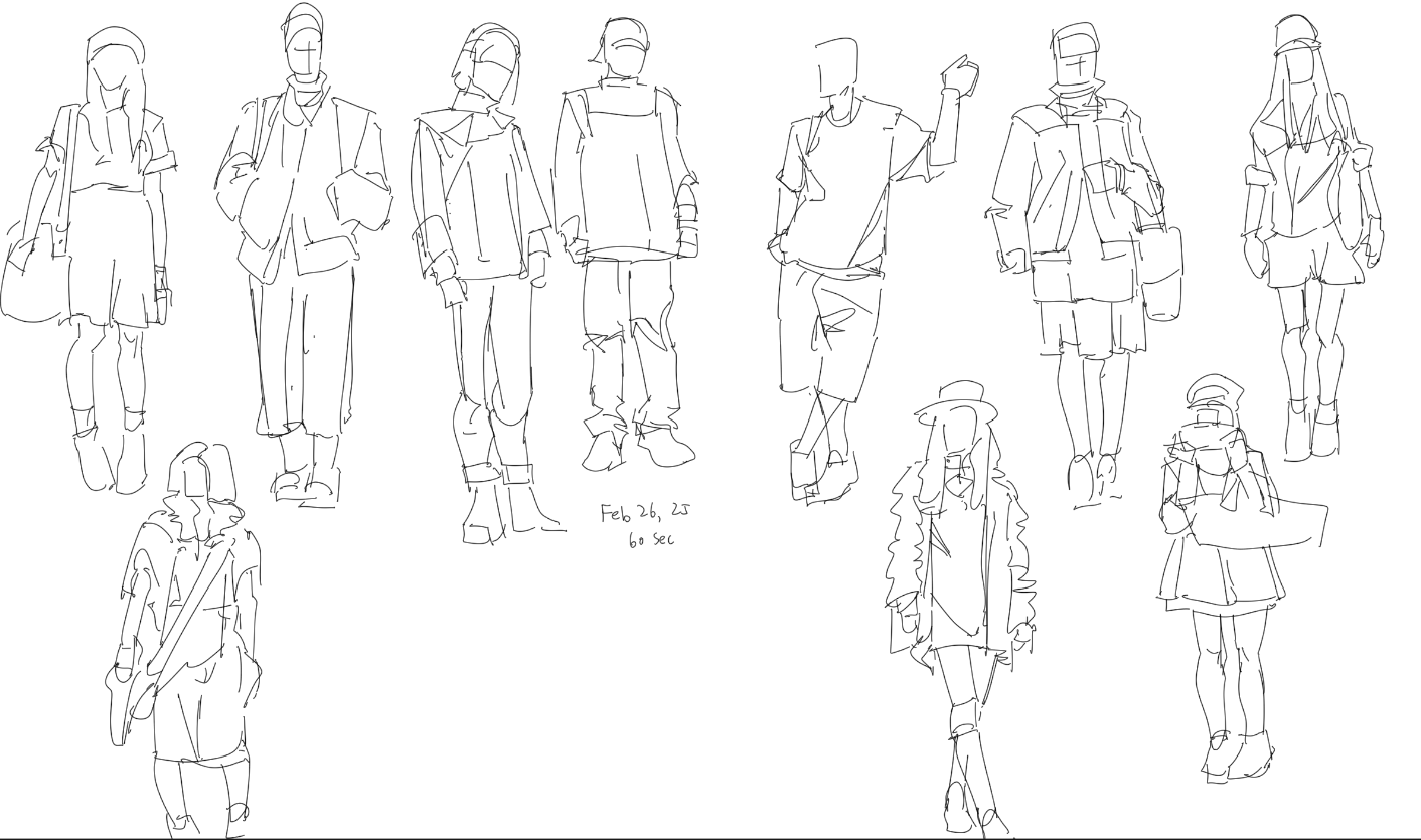 the image contains a collection of quick fashion sketches, capturing various poses and outfits. the figures are rendered as outlines, emphasizing the clothing designs and overall silhouettes.
