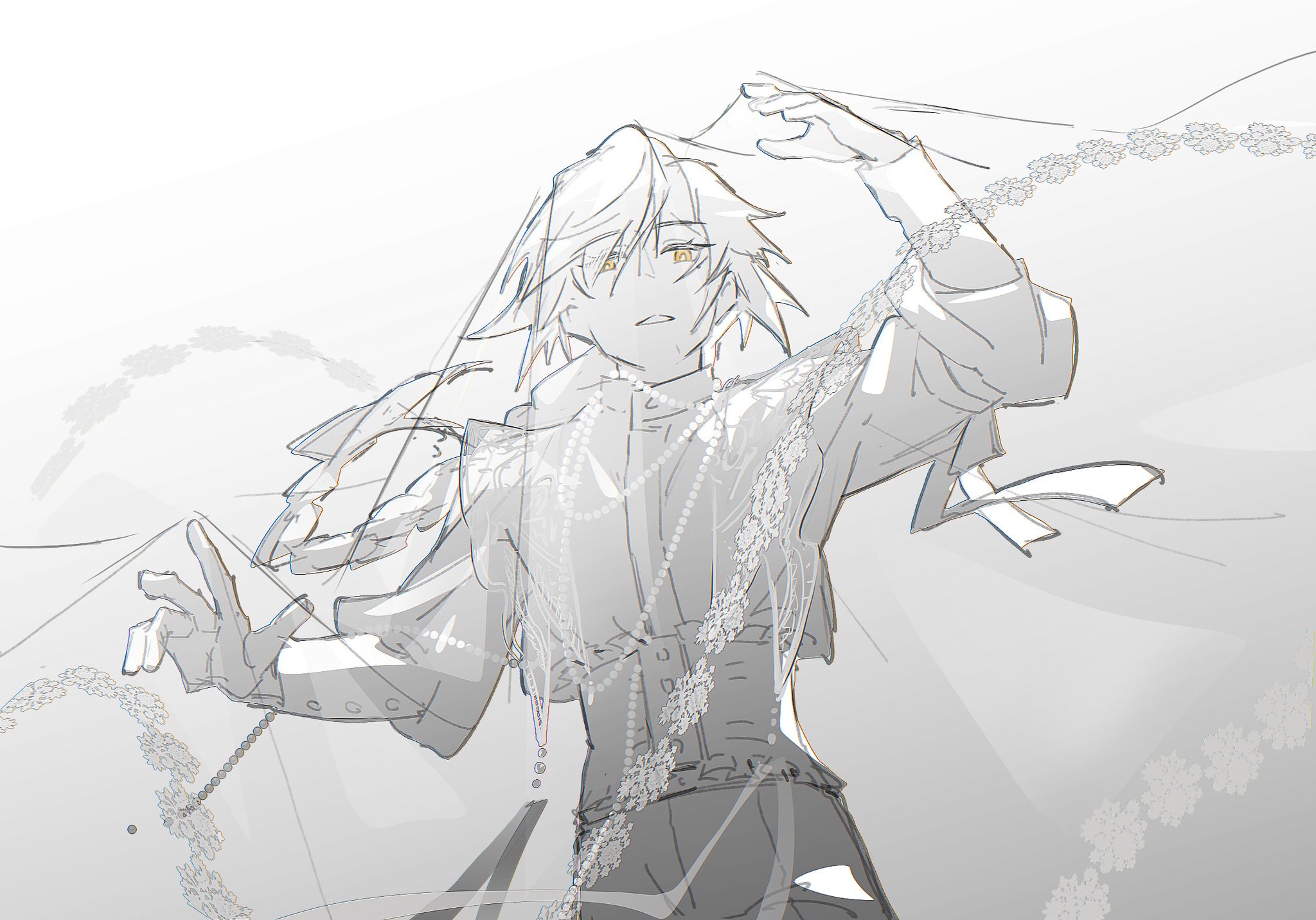 this is a digital illustration of an anime character. the character is drawn in a sketch style and is mostly white and black with some grey. the character has long white hair, yellow eyes, and is wearing a white and black outfit with a veil. the character is posed standing and reaching upwards with their arms outstretched. they appear to be touching the veil with their fingers, and they are looking up towards it as well. the background is a simple white, and the focus is on the character. the overall impression is a sense of beauty, elegance, and perhaps even a sense of fragility.