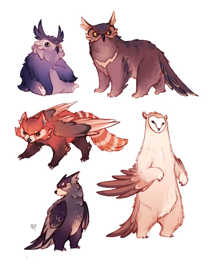 the image shows a collection of illustrations featuring hybrid fantasy creatures that combine owl features with those of different animals. the creatures include a purple fluffy owllike creature, a brown owllike creature with a catlike body, a red pandaowl hybrid, a white bearlike creature with an owl face, and a gray wolfowl hybrid. the illustrations are done in a cute, cartoonish style with whimsical designs.