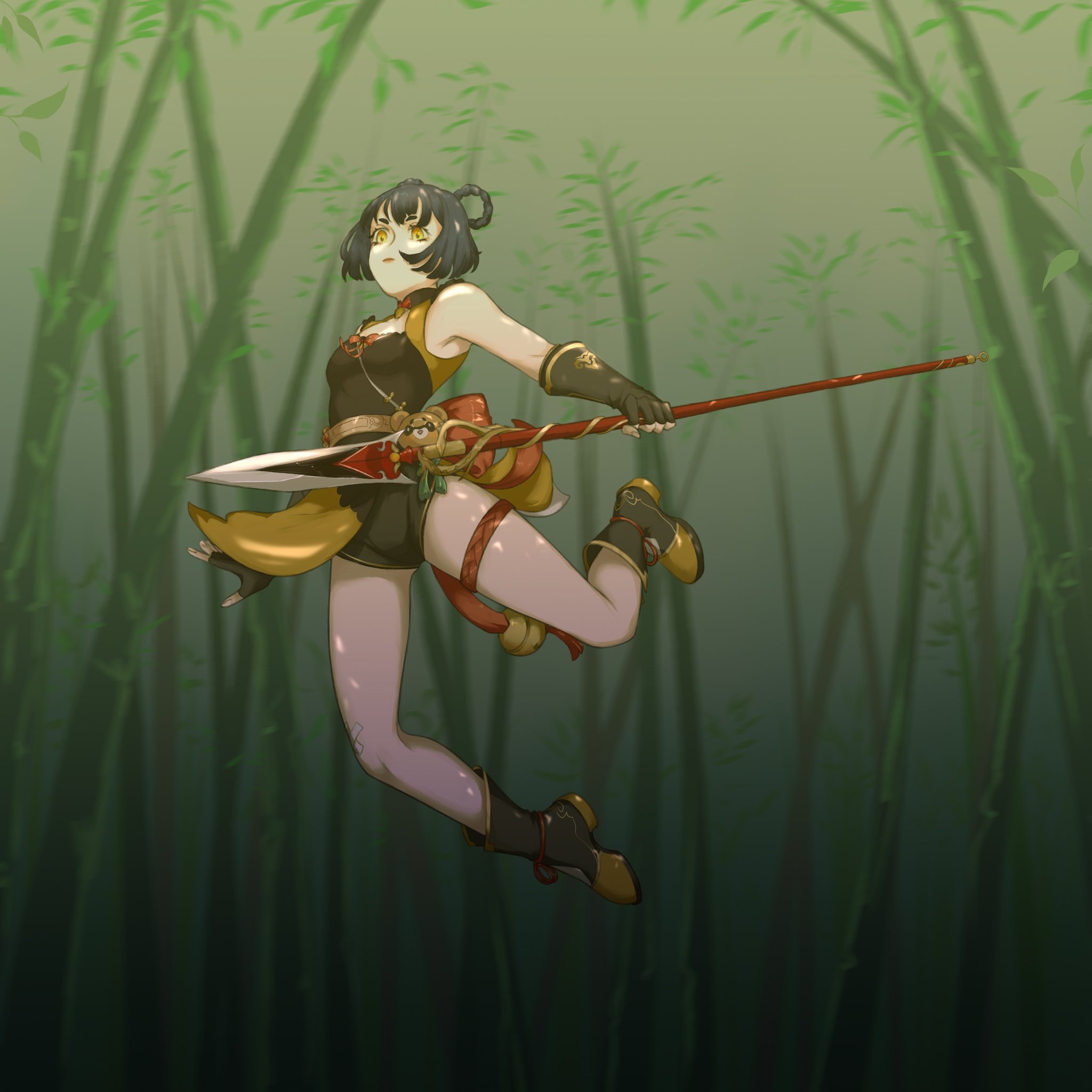 an anime girl warrior in a yellow and black outfit, stands in the middle of a green bamboo forest. she holds a spear in her hands,  ready to strike. she is in a fighting stance. her face is determined.