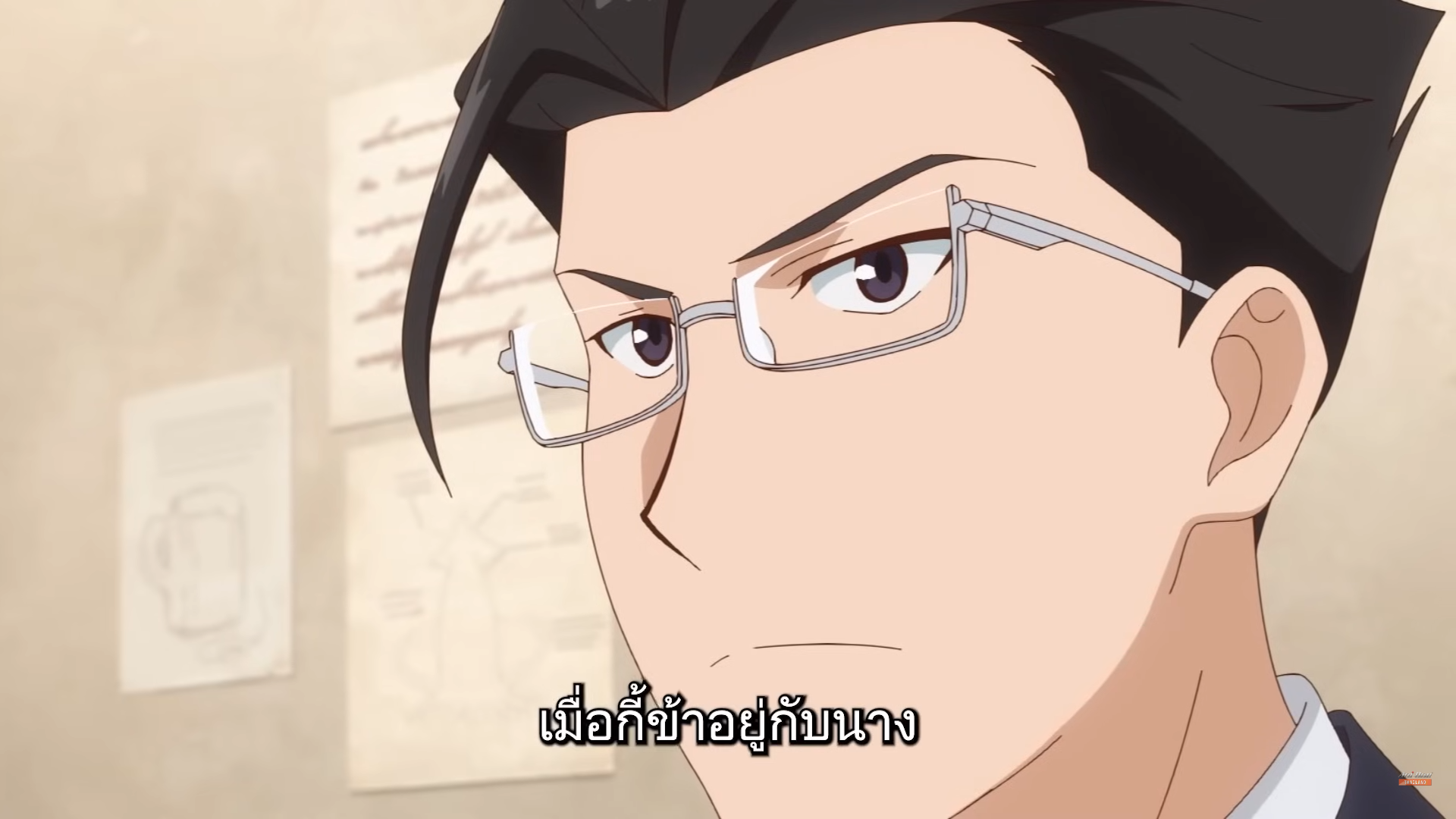 closeup illustration of a man with short black hair and rectangular glasses. he has a serious facial expression, and is wearing a white collared shirt and black tie. the background is an offwhite wall with anatomical charts. there is thai text in the image.  the overall style suggests an office or professional setting.