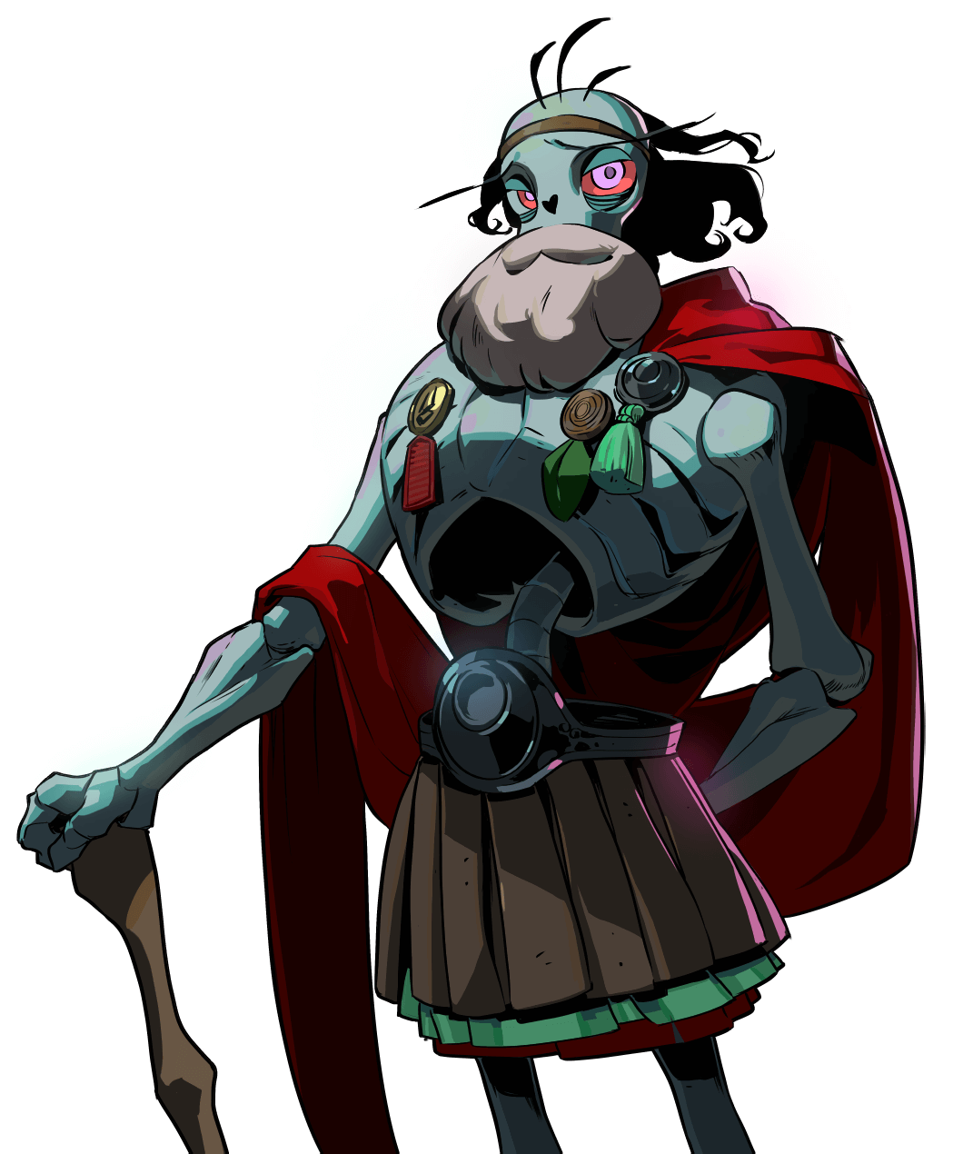 this is an illustration of a cartoon skeleton wearing a red robe and armor.  the skeleton has a beard and is holding a staff.  the style of the illustration is cartoonish.  this is likely a character from a video game.