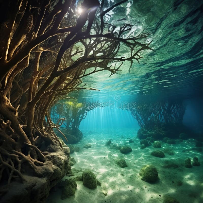 a breathtaking underwater scene showcasing the roots of trees submerged in a crystalclear lagoon. sunlight penetrates the surface, casting a shimmering glow on the sandy bottom and illuminating the intricate network of roots. the tranquil setting evokes a sense of serenity and wonder, highlighting the beauty of nature's hidden treasures.
