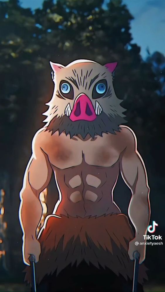 the image shows inosuke hashibira, a character from the anime demon slayer, standing in a dimly lit forest. he is barechested, muscular, and wearing his signature boar head mask. his swords are drawn and held low, ready for combat. the backlighting creates a dramatic silhouette, highlighting his imposing physique and the intensity of the moment.