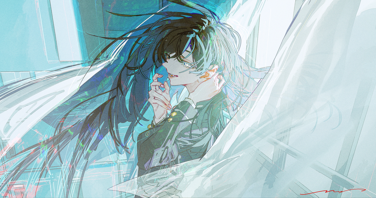the image showcases an anime character with long, flowing dark blue hair. the character is dressed in a school uniform with a blue and white color scheme, and their eyes are a vibrant blue. they are looking to the side, with their hand gently touching their face. the background features a blurred, abstract composition of lines and colors, creating an ethereal and dreamlike atmosphere. the overall style of the art is intricate and detailed, with soft, flowing lines and vibrant colors that enhance the character's delicate features. the image evokes a sense of mystery and wonder, with the character appearing to be lost in thought or contemplation.