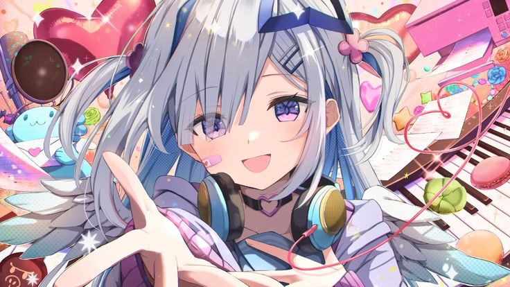 the image is of a cute, animestyle girl with long, flowing silver hair and purple eyes. she's wearing a white and blue outfit with heartshaped accessories and headphones, giving off a cheerful and energetic vibe. behind her is a colorful assortment of objects including a piano keyboard, sweets, a microphone, and musical notes, suggesting she might be a musician or streamer. the overall aesthetic is very bright and playful, with a focus on pinks, purples, and blues.