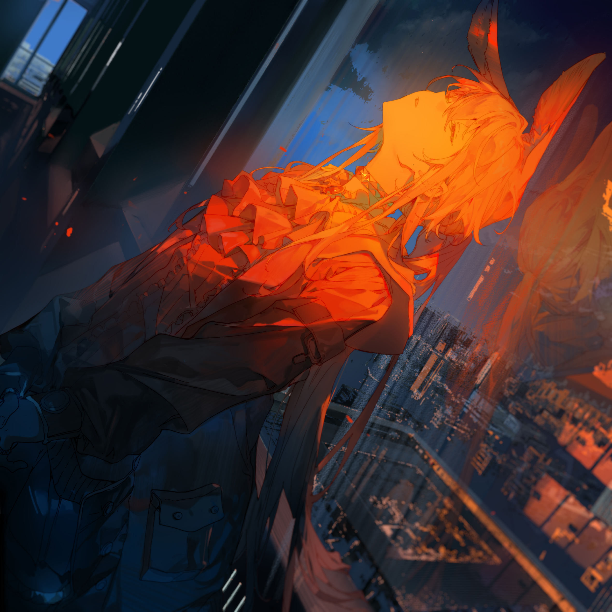 anime art depicting a girl with bunny ears, long orange hair, and wearing a dress and jacket. she is leaning against a window, her reflection showing a cityscape. the scene is bathed in sunset colors, creating a pensive mood.