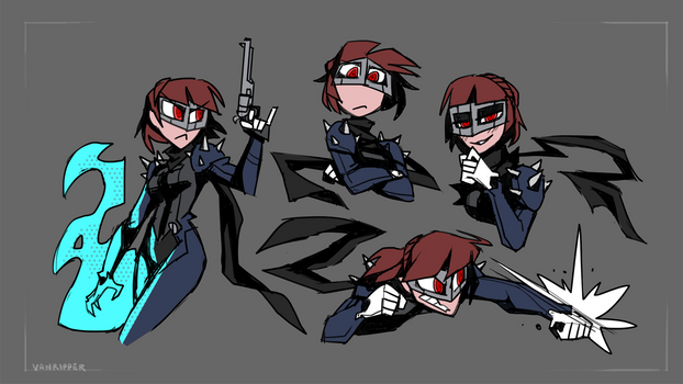 the image showcases stylized character concept art of a female character, likely a hero or vigilante. she is depicted in various dynamic poses, suggesting action and combat. the character wears a black and blue suit with spiked accents, a mask covering her eyes, and wields a revolver. her expressions are hidden by the mask, but her body language conveys confidence and determination. the art style leans towards a comic book aesthetic, with exaggerated features and dynamic lines.  a stylized blue flame effect emanates from her hand in one of the poses, hinting at potential superpowers.