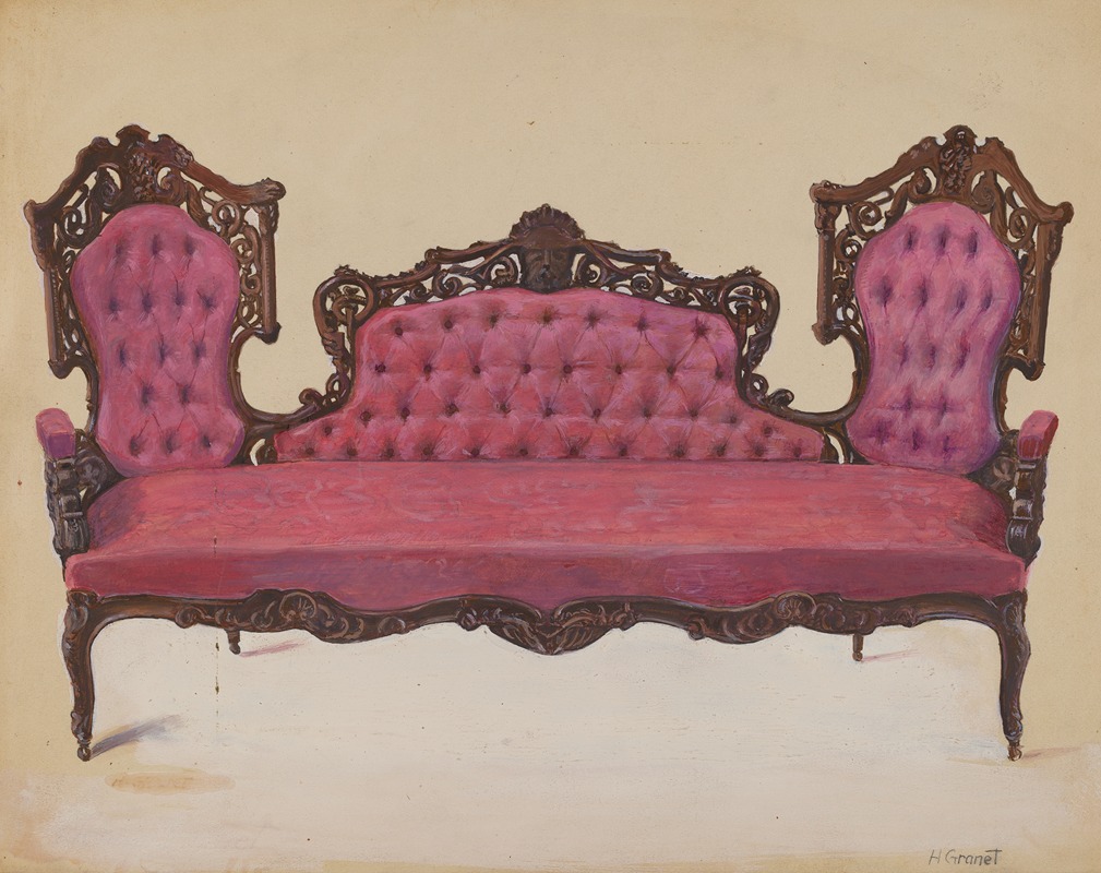 an image shows an upholstered pink victorian style settee with carved wood ornamentation. the sofa has a buttontufted backrest with three sections, the two outer sections being taller than the center. the wood frame has intricate carvings. the seat is also upholstered in pink. the background is a neutral color. the signature "h. granet" is visible in the lower right corner.