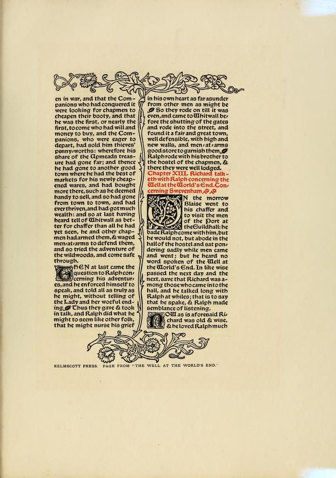 this is a black and white image of a page from a book. the page is filled with text that tells a story. there is also a large ornamental illustration, which is a woodcut, at the top of the page. the page is a sample from the book "the wall at the world's end" printed by kelmscott press.