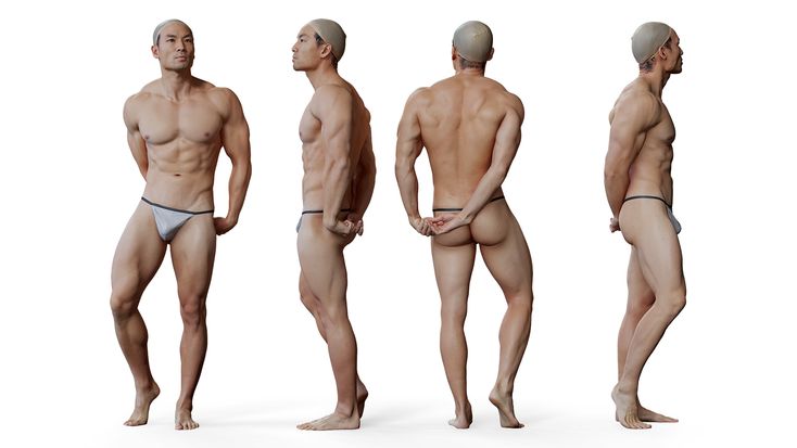the image shows four different poses of a muscular man, possibly a model or bodybuilder, wearing only underwear, with a white background. the man is standing in four different poses with his arms folded and hands on his waist. he is displaying his muscular physique and sculpted body. the image is taken in a studio setting with a white background. the man's body is welltoned, highlighting his muscular definition and athletic build.