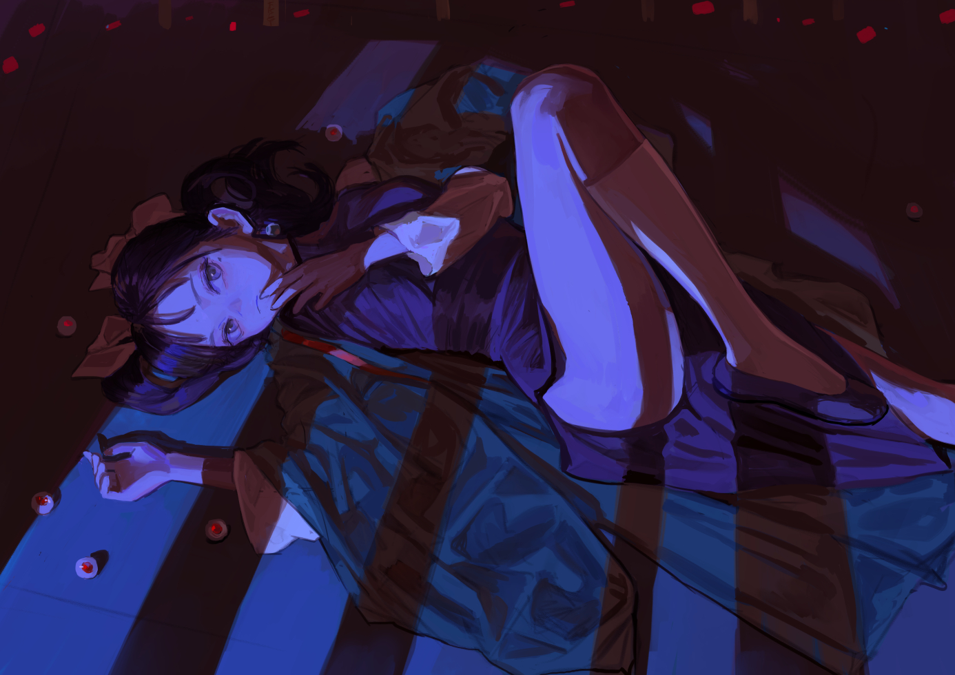 anime illustration of a woman lying on a blanket on the floor in blue lighting. she has dark hair in a bun with a bow and is wearing a dress or robe, socks, and shoes. there are eyeballs scattered around her.