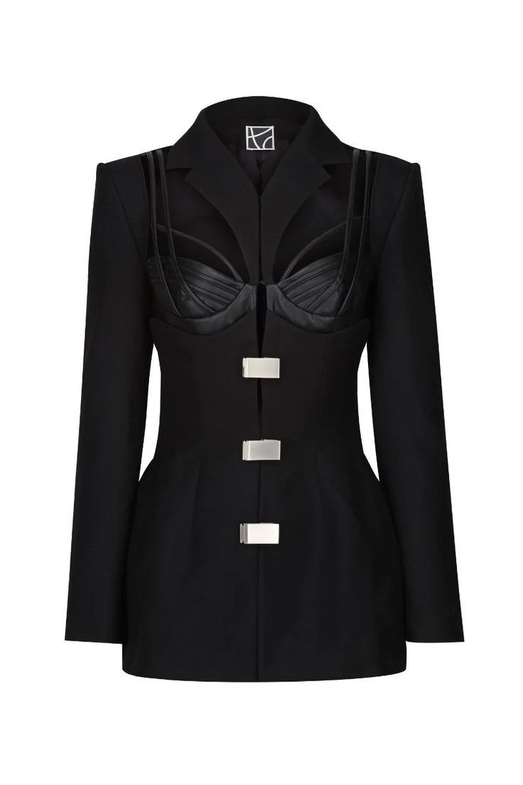 a black longsleeved blazer dress with a cutout chest area and silver clasp details.