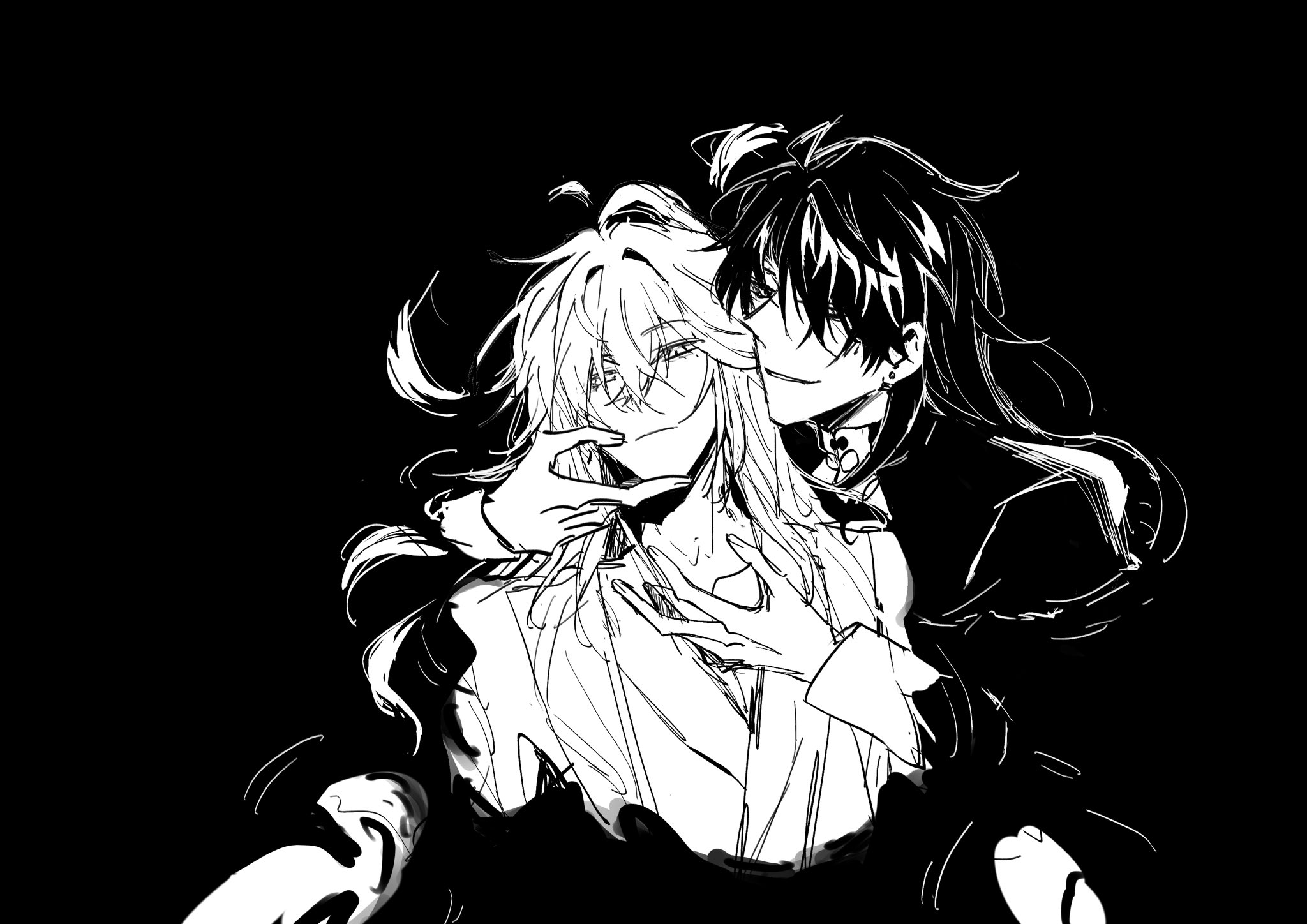 a black and white sketch of two anime characters, one with long, flowing hair and the other with short hair. they are very close to each other, and the one with long hair is seemingly holding the other character by the chin, with both of their eyes closed. the black and white tones give the image a romantic and intimate atmosphere. the background is black, making the characters stand out even more. the sketch is drawn in a loose and expressive style, which adds to the sense of emotion and passion.