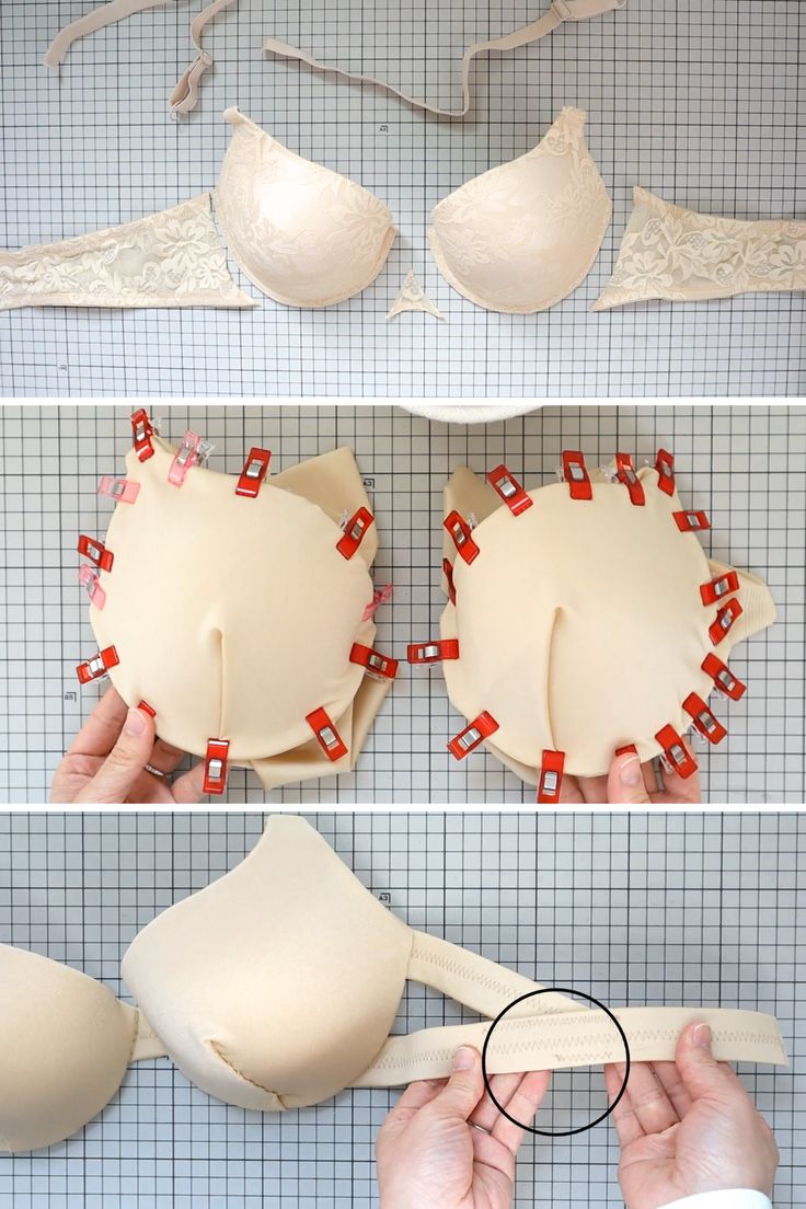 the image shows three steps in the process of making a bra. the first panel shows the different parts of the bra laid out: cups, straps, lace, etc. the second panel shows clips holding the fabric edges together. the third panel shows an elastic band being attached to a bra cup.