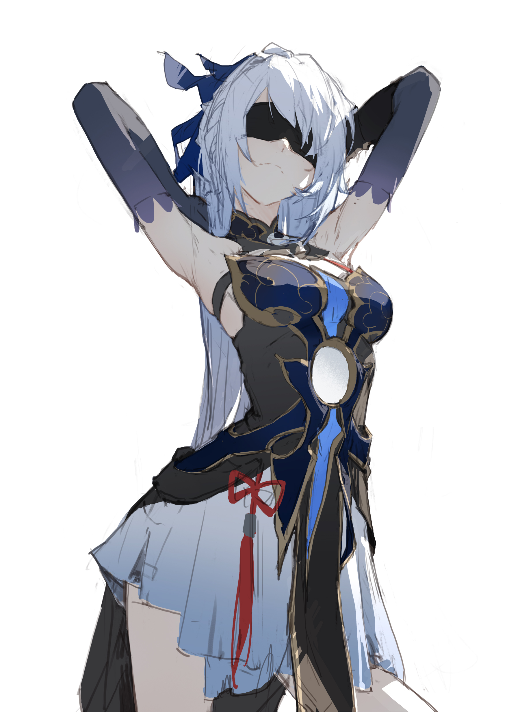 this illustration features an anime woman with long white hair and blue eyes. she is wearing a futuristic, cyberpunkinspired outfit with a black and blue color scheme.  she is blindfolded.  the woman is drawn in a dynamic pose, with her arms raised above her head.  the artwork is drawn in a sketchy style and features a mixture of detailed and loose lines.