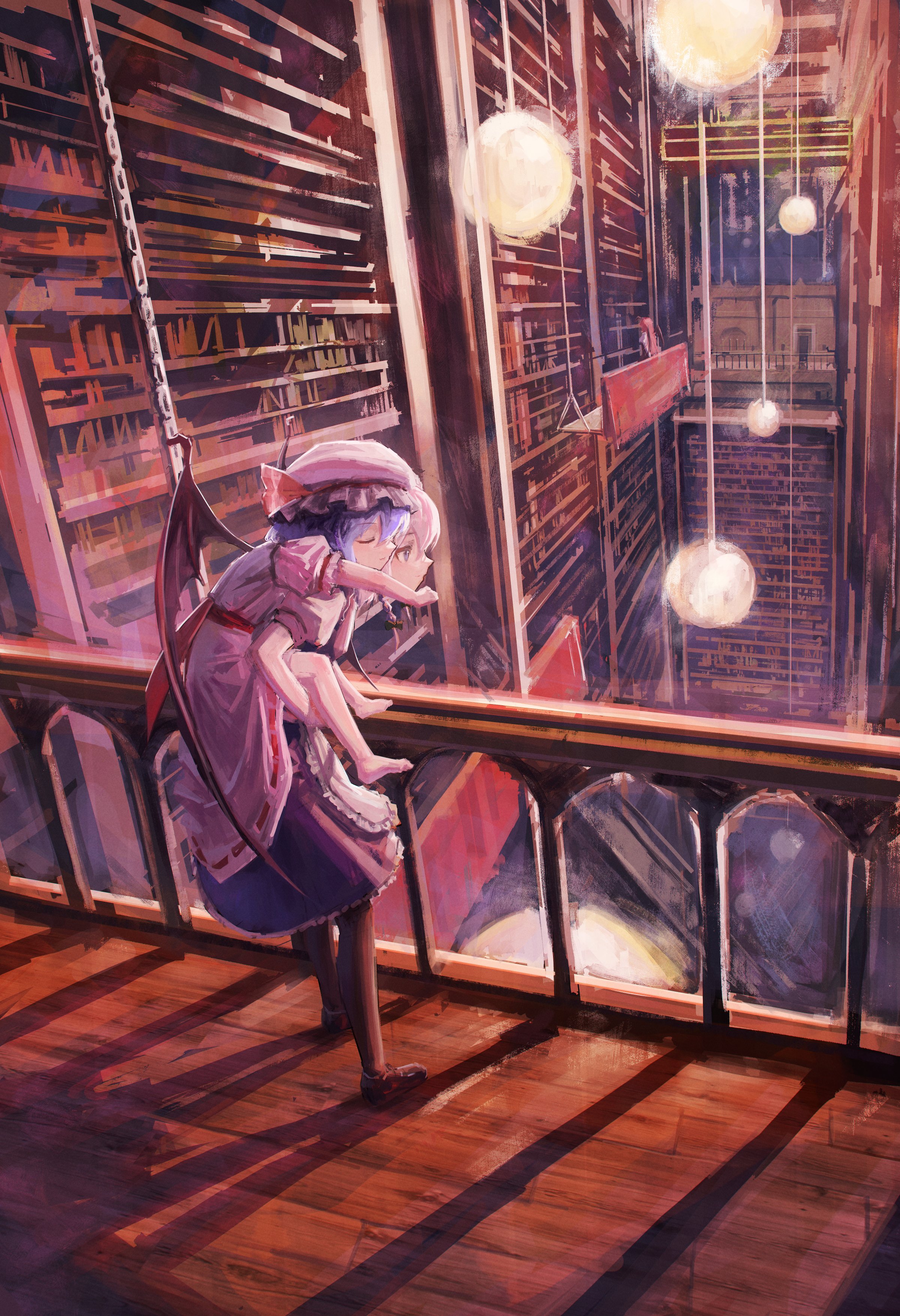 the image is a digital painting depicting reimu hakurei and marisa kirisame, characters from the touhou project, standing on a balcony overlooking a vast, multistory library.  reimu is carrying marisa on her back.  the library is filled with towering bookshelves extending up into a dimly lit space, punctuated by hanging spherical lights. the architecture of the library is gothic in style, with detailed woodwork and high ceilings. reimu is dressed in her signature maid outfit, and marisa is also in her characteristic attire. the overall mood is dark and mysterious, with the warm lighting of the lamps contrasting against the cool tones of the background. the scene is highly stylized with painterly brushstrokes, giving it a slightly ethereal quality.  reimu and marisa appear to be looking out over the scene, adding to the atmosphere of intrigue.