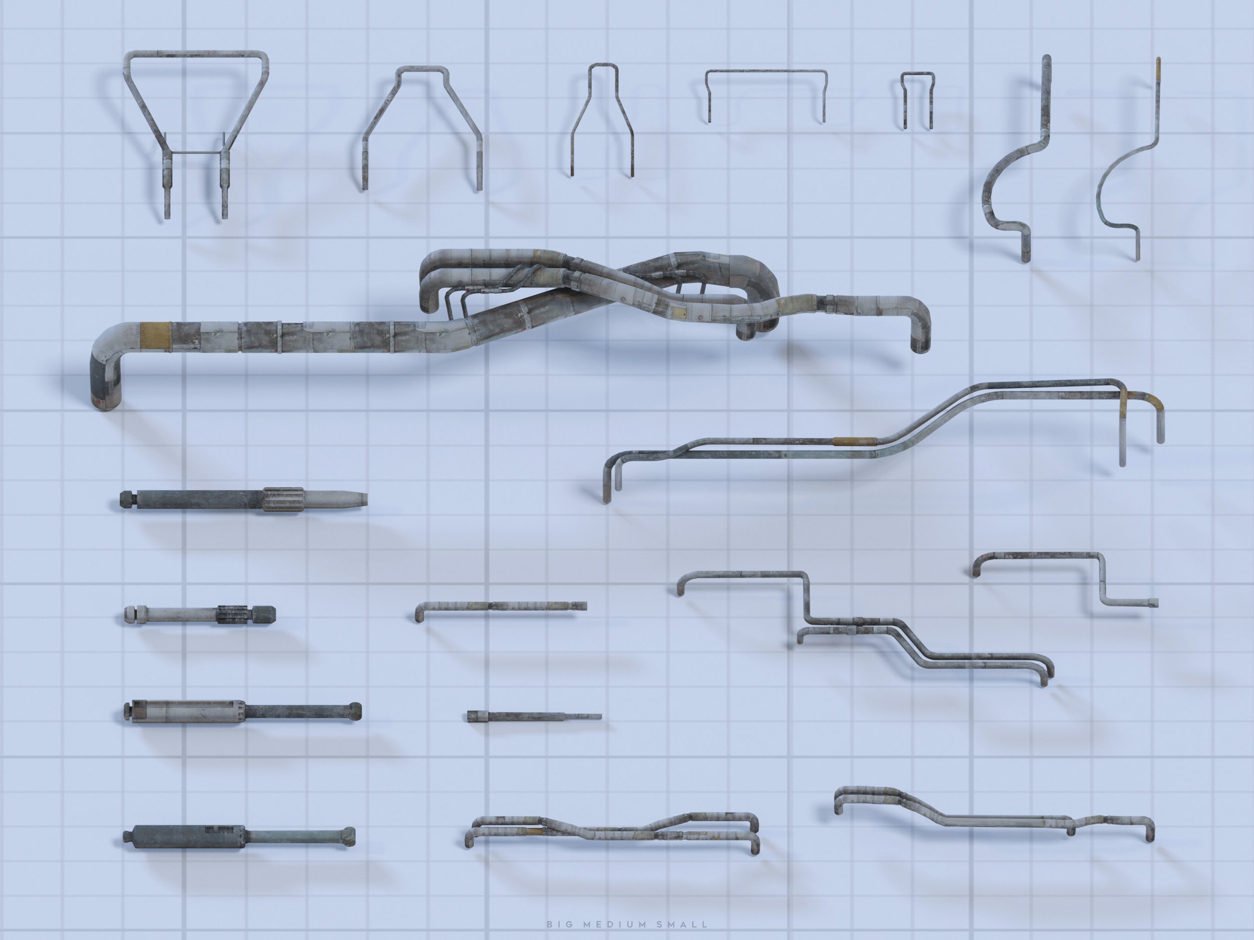 the image displays a collection of various pipe components, arranged on a gridded background.  the pipes vary in size and shape, showcasing a range of bends, curves, and straight segments.  some pipes are simpler, while others are more complex.  the sizes are labeled as big, medium, and small. the pipes appear metallic with an aged or rusty texture. the overall style suggests an industrial or engineering context, possibly a blueprint or catalog of pipe parts.  the image is clean and welllit, suitable for design reference or visualization.