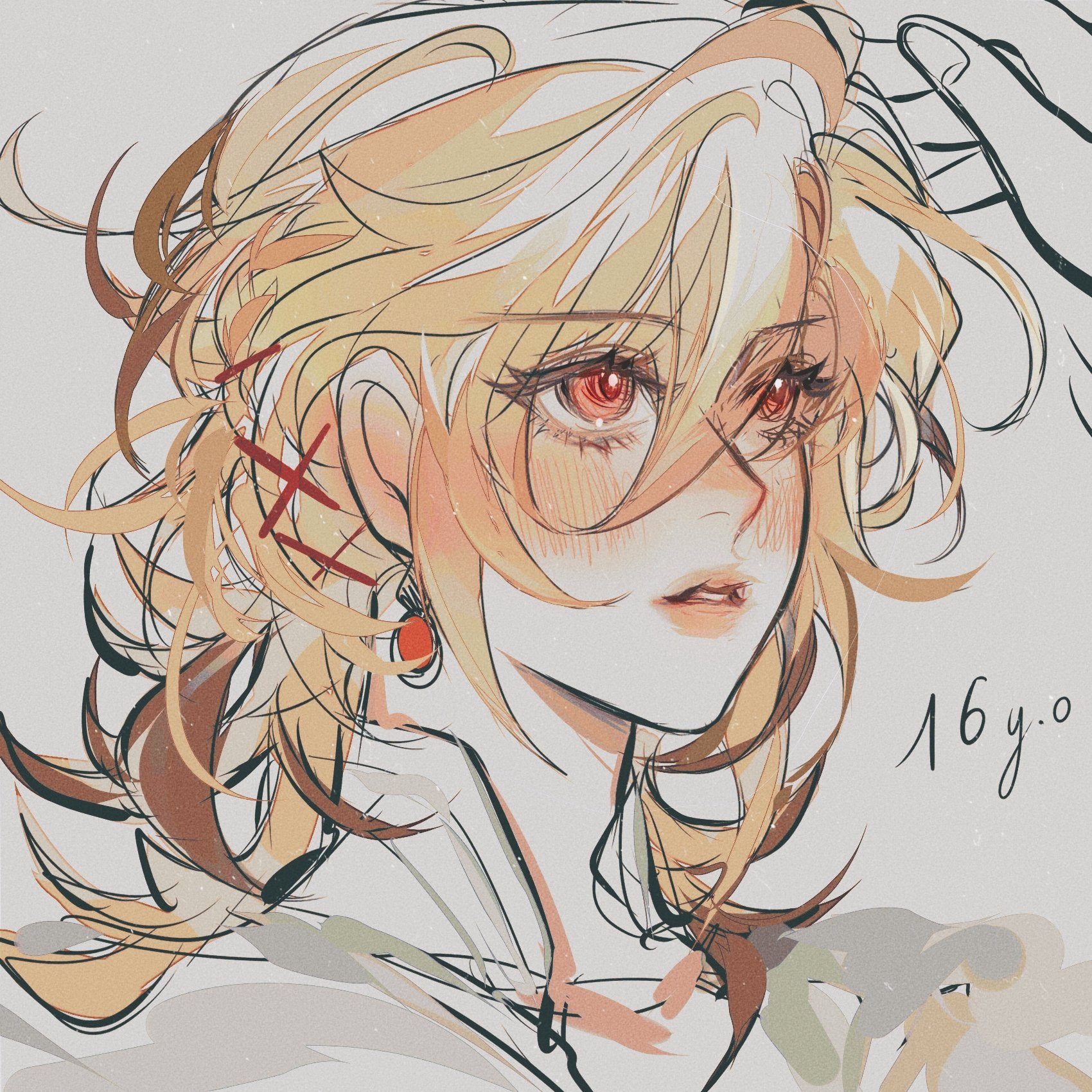 the image is a digital drawing of a young animestyle girl. she has long, blonde hair, red eyes, and is wearing earrings. her expression is soft and wistful, and she has a slight blush on her cheeks. the art style is loose and expressive, with soft pastel colors and a dreamy atmosphere. the drawing is labeled "16 y.o," indicating the subject's age. the girl's hair is partly obscuring her face, creating a sense of mystery and intimacy.  the overall style is soft and ethereal, evoking a feeling of gentle melancholy.