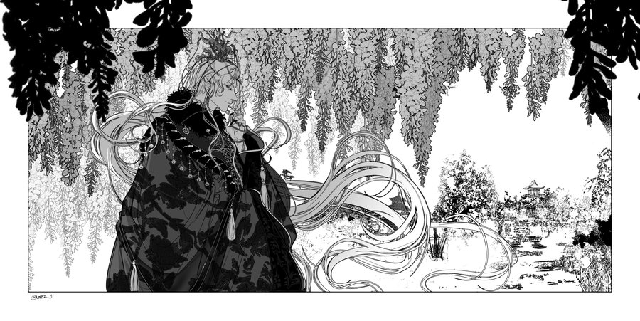 this is a black and white illustration of a woman in a kimono standing in a garden. the woman has long, flowing hair, and is dressed in traditional japanese clothing. there are flowers blooming in the background, and the overall scene is very peaceful and serene.