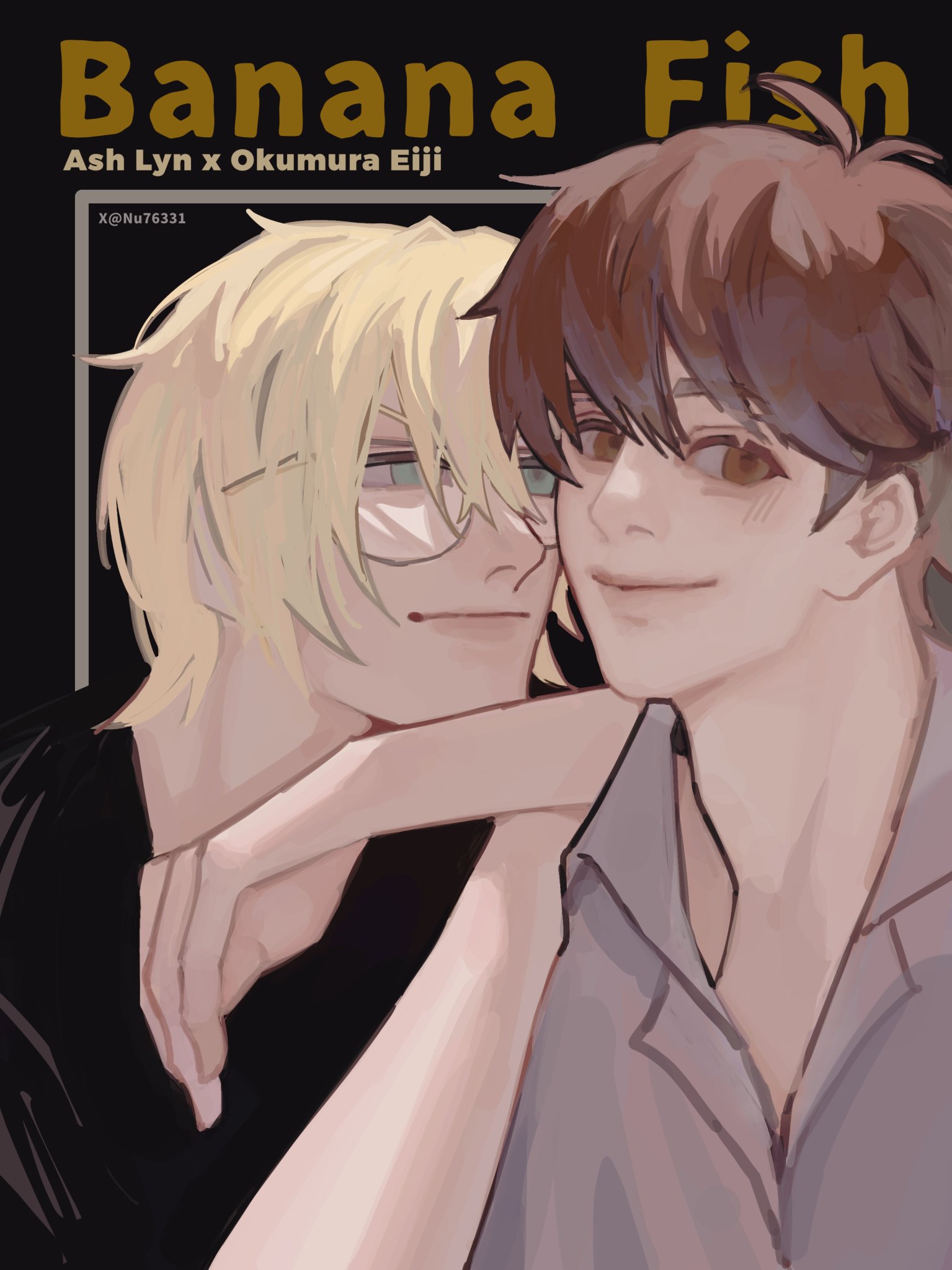 the image is of a romantic couple from the anime banana fish. the two boys are ash lynx and okumura eiji. ash is on the left and has blonde hair with blue eyes. he is wearing a black shirt. eiji is on the right and has brown hair with brown eyes. he is wearing a light grey shirt. ash is resting his head on eiji's shoulder, and their hands are intertwined. the two are looking at each other with love and affection. the background is a simple black. the words "banana fish" and "ash lyn x okumura eiji" are written in a font that looks like it is from the manga.