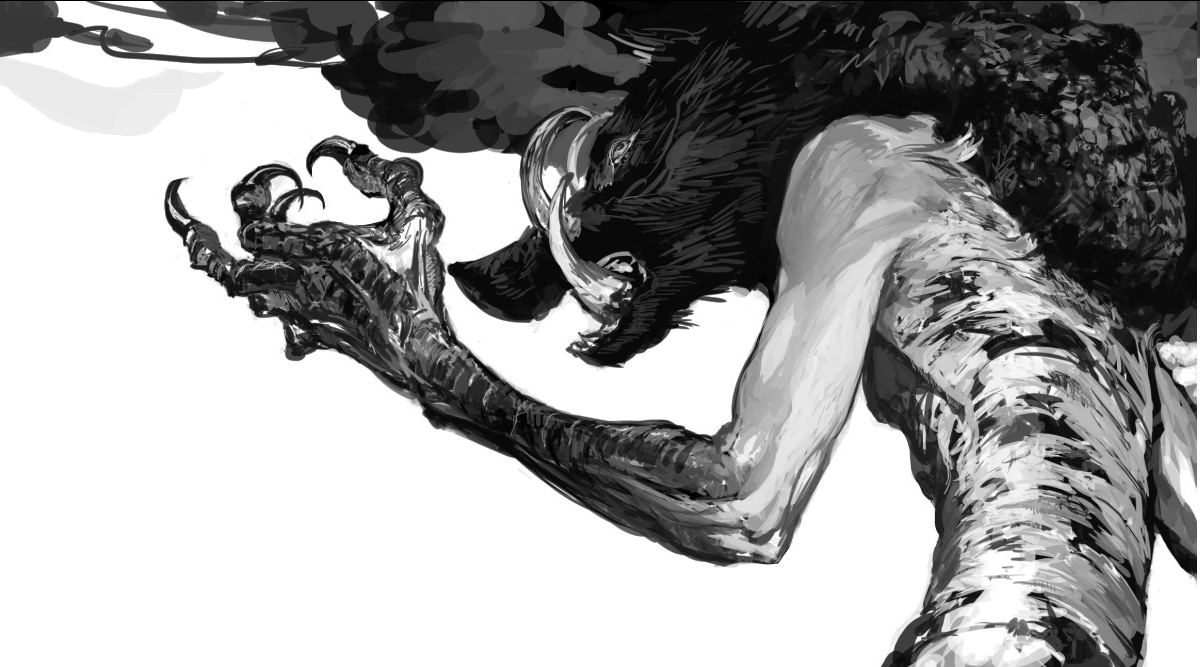 a grayscale digital painting of a terrifying creature reaching down with sharp claws. only a portion of the upper body is visible, showcasing a muscular, scaled arm, sharp claws, and furcovered back. the head is turned away, but a glimpse of a  horn and dark, shadowed eye can be seen. the background is left blank.