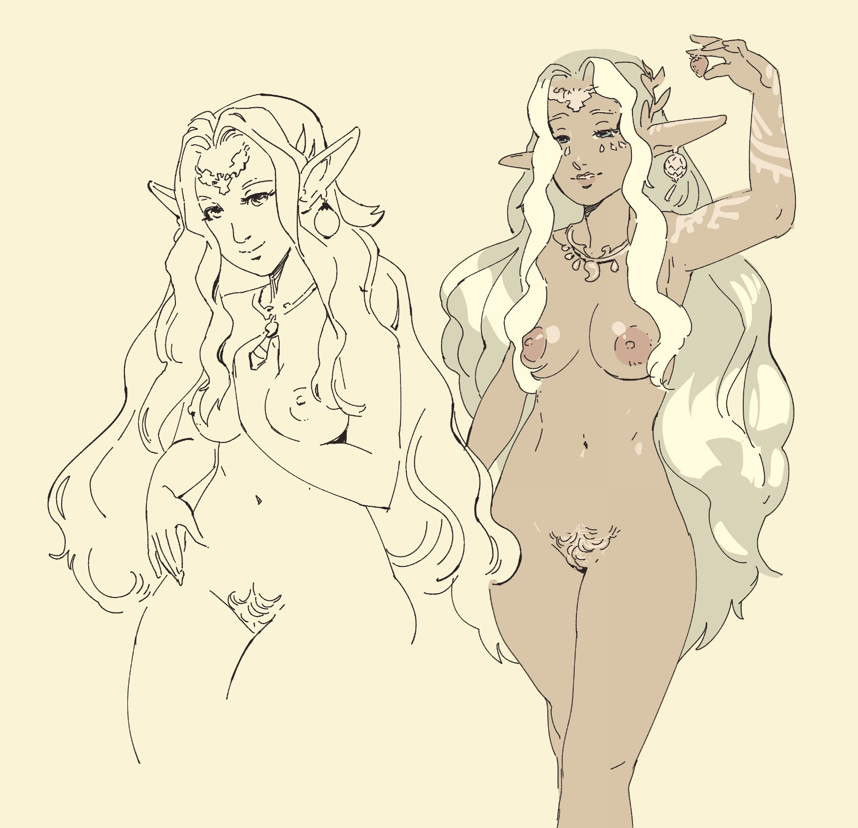 he image contains two drawings of female elves. one is a line drawing, and the other is a colored sketch. both elves have long, flowing hair and pointed ears. the colored sketch shows the elf with some body hair and wearing jewelry. the line drawing is simpler and lacks color. the background is a pale yellowbeige.