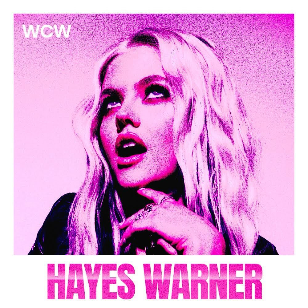 the image is an album cover featuring a blonde woman looking up with her mouth open. the text "wcw" is in the upper left corner, and "hayes warner" is at the bottom. the color scheme is primarily pink and purple.