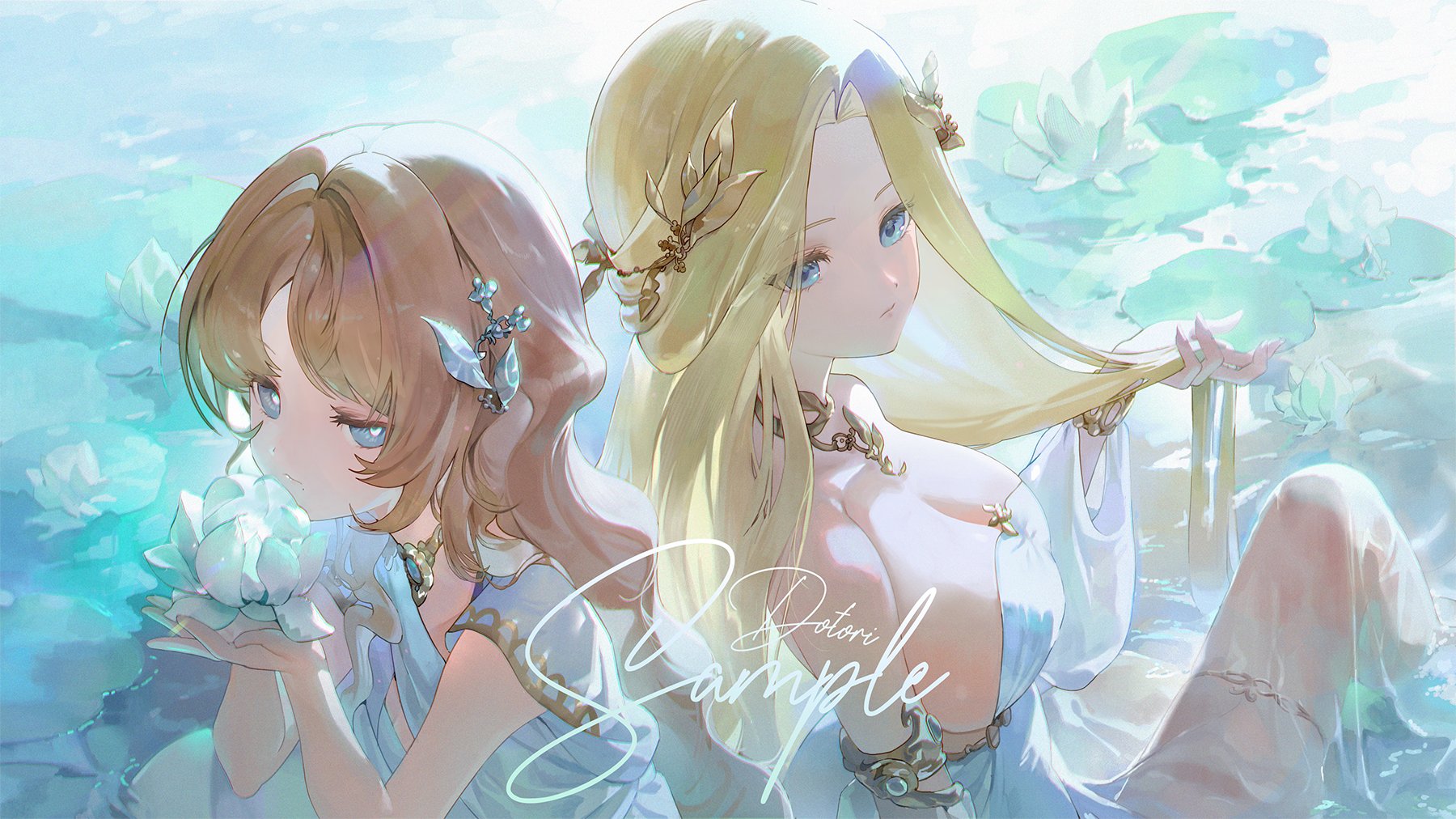 the image is a digital painting of two animestyle girls. one has long blonde hair and blue eyes, and the other has long brown hair and blue eyes. they are both wearing light, flowing dresses. they are sitting in water with lotus flowers around them. the overall style is soft and dreamy, with a pastel color palette.  there's a watermark that says "totori sample".