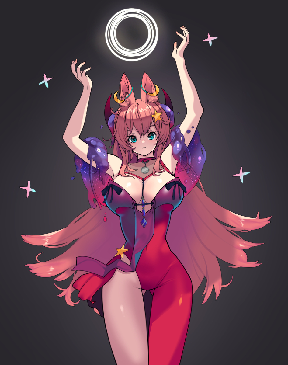 the image depicts a single animestyle female character against a dark background. she appears to be a magical girl with horns, adorned in a red and purple bodysuit with star and galaxy motifs. her long pink hair flows around her, and she holds a glowing white ring above her head with both hands. the lighting is bright and magical, giving the image a mystical feel.