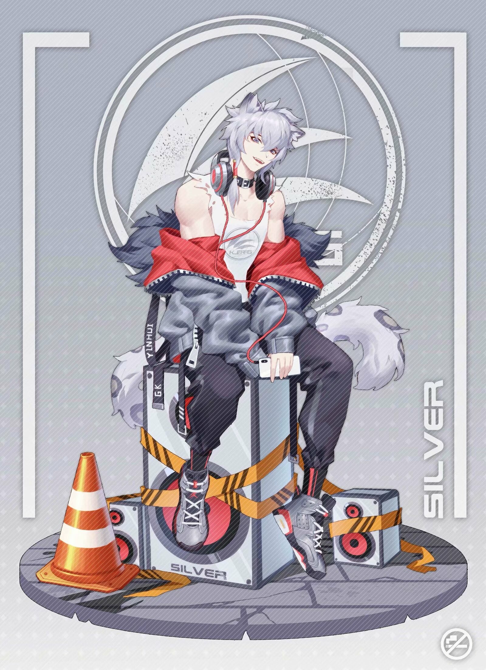 an animestyle male character with wolf ears and a tail is posed confidently on a stage made of speakers and construction elements. he wears a red jacket over a grey hoodie and a white tank top, with black pants and grey sneakers. he's wearing headphones and holding a smartphone. the background is grey with futuristicstyle elements. the name "silver" is prominently displayed in silver lettering.