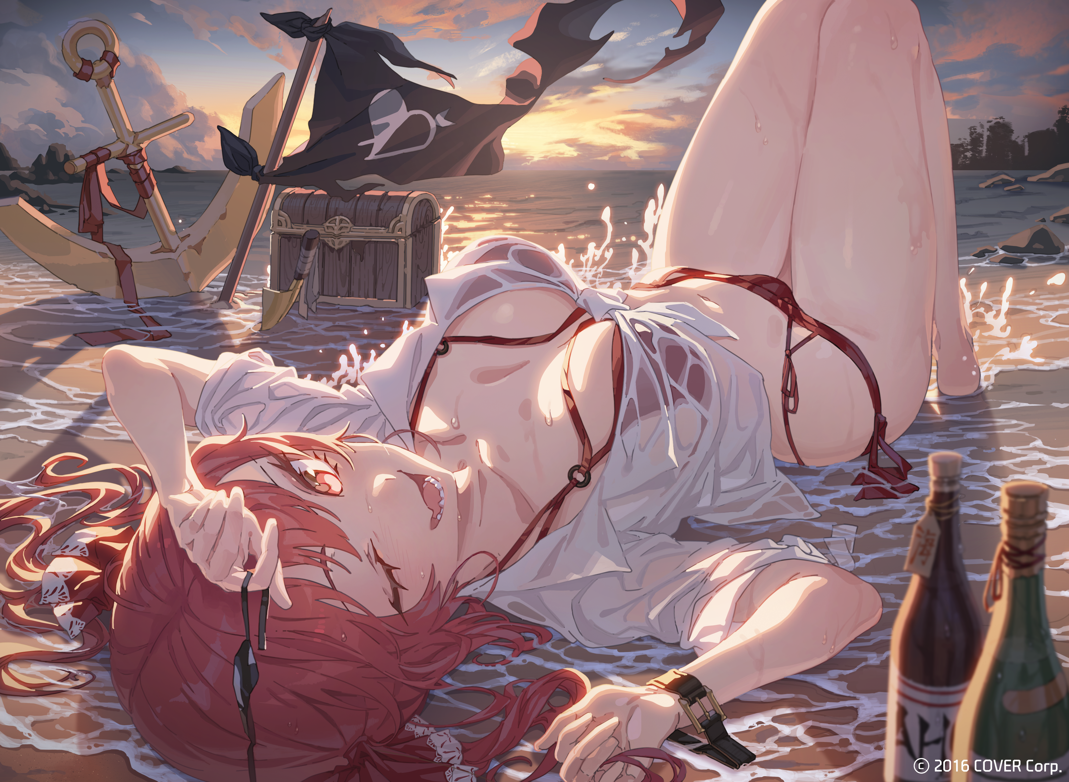 he image is a digital painting or illustration of an animestyle woman with long red hair lying on a beach at sunset. she is wearing a wet white shirt over a red bikini.  in the background, there is a pirate flag, an anchor, and a treasure chest partially submerged in the water. two bottles of sake are also on the beach next to her. the overall style is soft, romantic, and slightly suggestive.  the scene is peaceful and idyllic.